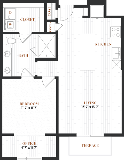 Floor plan for 1 bed, 1 bath, 828 sqft